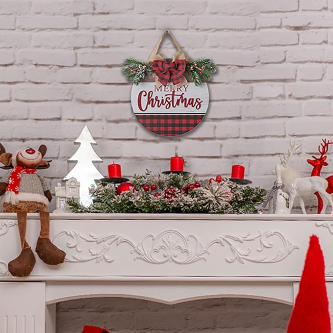Christmas Sign for Front Door Wall Decor - Walasis Merry Christmas Signs Hanging for Indoor with Buffalo Plaid Bow Farmhouse 12 inch Red Xmas Wreath Hanger Decorations