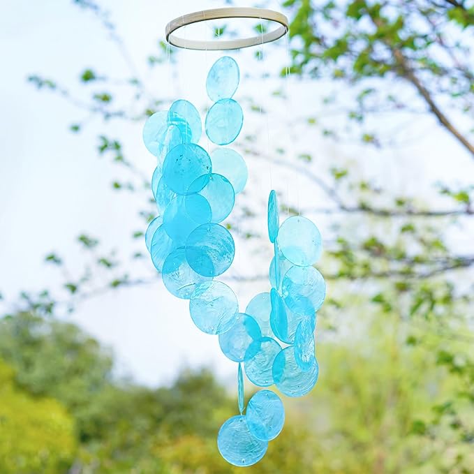 YUFENG Wind Chimes Outdoor Decor, 17'' Ocean Blue Capiz Shell Metal Windchime for Outside Garden Yard Home, Soothing Sound Decorative Wind Bell Memorial Ornament for Christmas Tree Gift