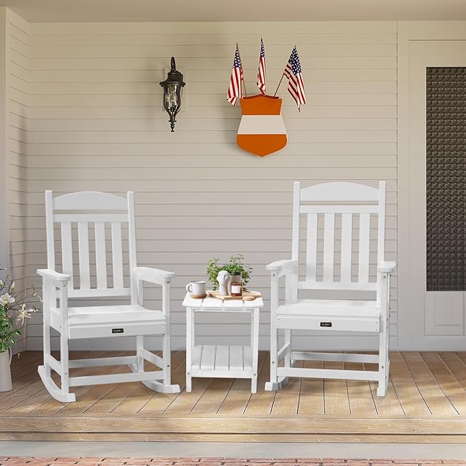 VINGLI Outdoor Rocking Chair Set of 2, HDPE Rocking Chair with Higher Backrest, All Weather Rocker for Garden, Yard, Balcony, White