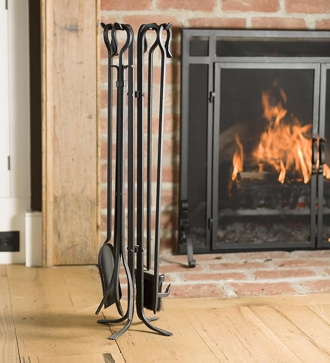 Plow & Hearth 5 Piece Hand Forged Iron Compact Fireplace Tool Set 27.5" | Black Wrought Iron Handle for Outdoor Indoor | Stand Poker Shovel Brush Log Tongs Wood Stove Accessory