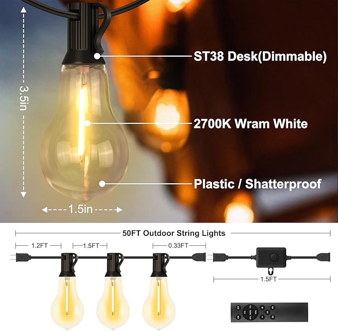 50FT Outdoor String Lights Waterproof with 32+2 Bulbs (1.5FT Bulbs Spacing), Remote & Dimmer, Commercial Patio String Lights with 3 Mode Light & Timing, 50PC Mounting Ties for Outside