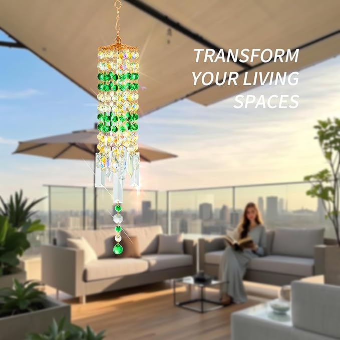 Crystal Wind Chimes for Outside with Rainbow Light Reflections Glass Bells and Rose Gold Alloy Hooks Indoor Outdoor Decor for Home Garden Patio Porch Birthday House Warming (Green)