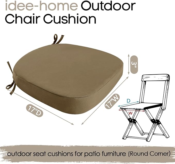 idee-home Outdoor Chair Cushions Set of 4, 17" x 17" x 3" Thick D-Shaped Patio Furniture Outdoor Seat Cushions Waterproof with Ties, Dining Pads