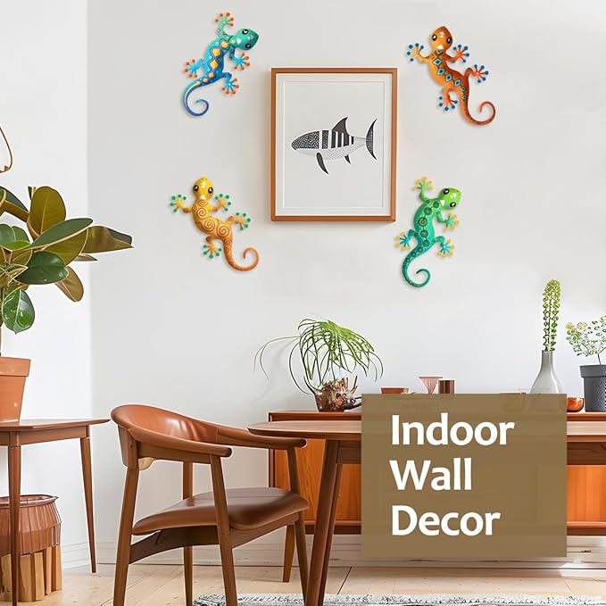 4 Pcs Metal Gecko Outdoor Decorations - Metal Wall Art Hanging Sculpture Decoration for Garden Yard Fence Porch Wall Decor, Gift for Mom Dad Friends
