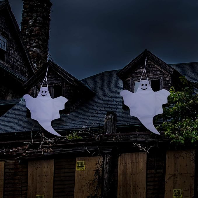 Skylety 4 Pcs 32 Inch Outdoor Halloween Ghost Decorations Tree Hanging Windsock White Flying Ghosts for Indoor Outdoor Tree Front Yard Porch Lawn Garden Pillar Party Decorations (Classic Style)