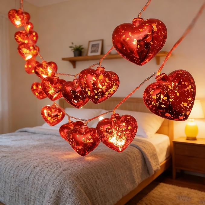 Valentines Heart Decoration Lights, 9.8 Ft Valentine String Lights Battery Operated 20 LED Red Shining Love Shape Lights , Valentines Heart Light for Indoor Outdoor Wedding Bedroom Valentine Decor