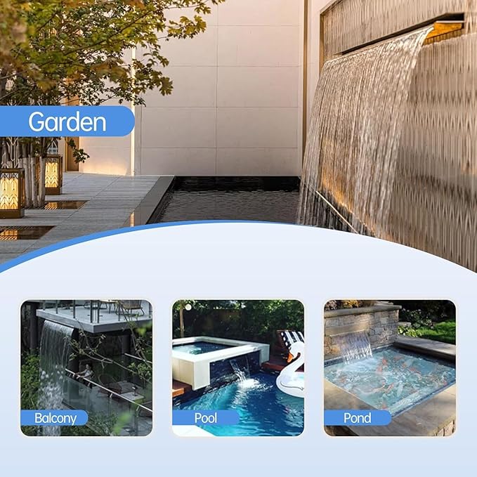 Pool Fountain Stainless Steel Pond Waterfall Spillway Kits for Indoor/Outdoor Decorative, 12 Inches Pool Water Feature for Garden Patio, Backyard Koi Pond Decor(No LED Light)