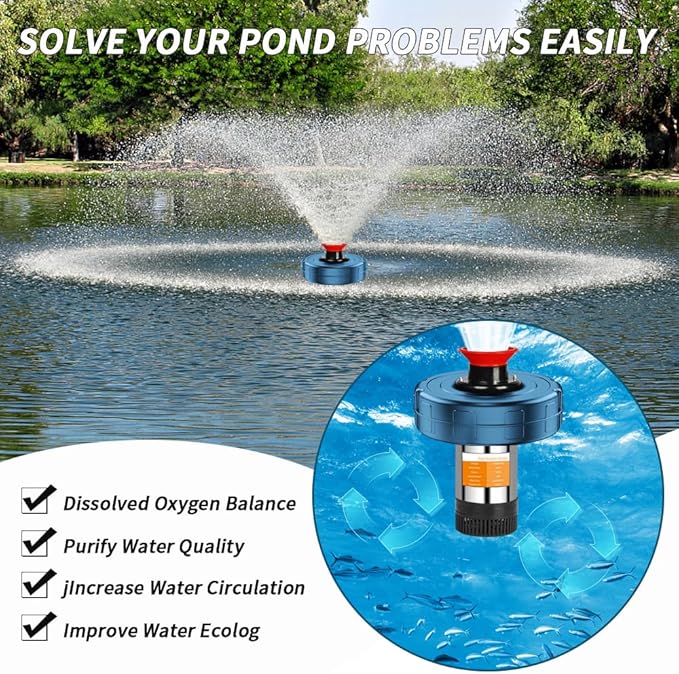 Pond Fountain Aerator, 1HP 110V 15000 GPH Stainless Steel Floating Pump w/100ft Cord – Aerator for Ponds, Lakes, Water Gardens