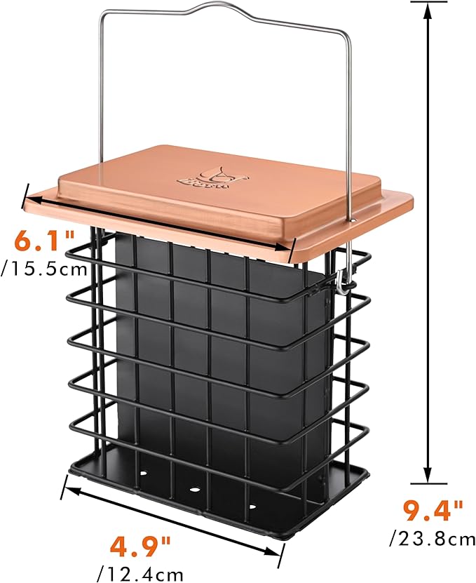 iBorn Double Suet Feeder- Metal Roof Bird Feeder with Taller Grid for Woodpeckers, Suet Cake Cage Bird Feeder for Outdoors Hanging,Easy-Clean & Refill,Metal Brushed Copper(Pack of 1)