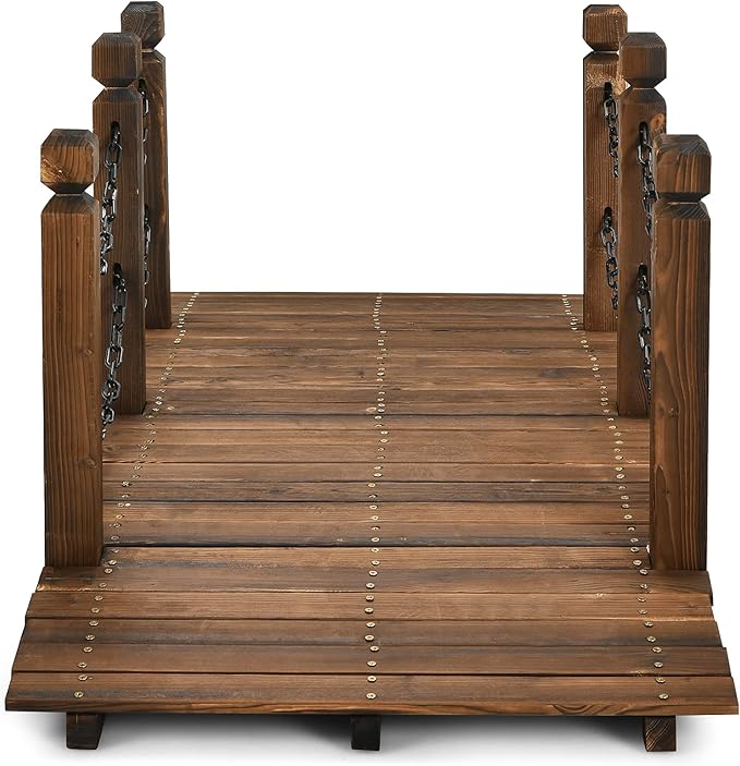 Giantex 5 FT Wooden Garden Bridge, Stained Wood Arc Footbridge with Chain Railings for Backyard Creek Farm, Decorative Pond Bridge, Easy to Assemble, 400 lbs Capacity (Brown)