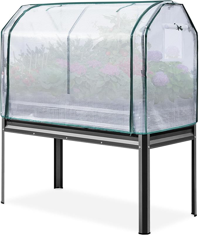 KING BIRD Large Raised Garden Bed with Netting Galvanized Elevated Planter Box with Legs 72×23×55 in for Backyard, Patio, Balcony, 400lb Capacity, Beige