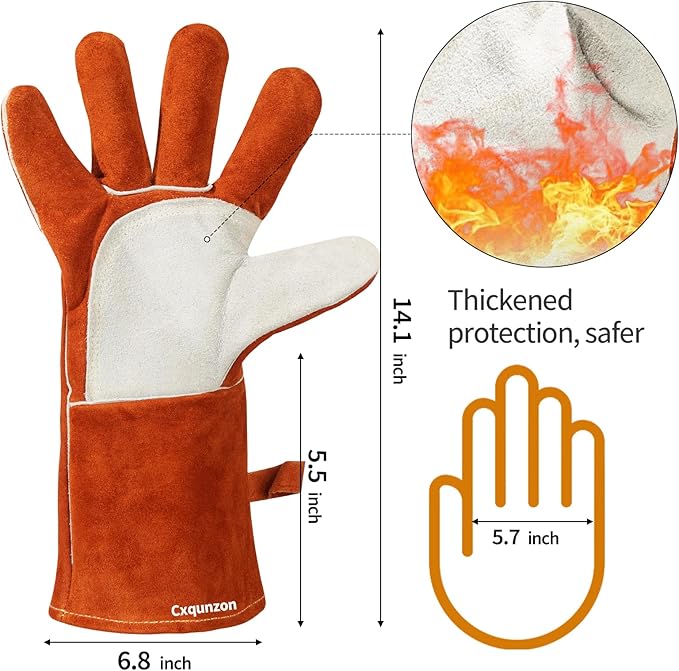 Leather MIG Welding Gloves with Reinforced Palm, Kevlar Stitching, Heat Fire Resistant for Welding/Grilling/BBQ