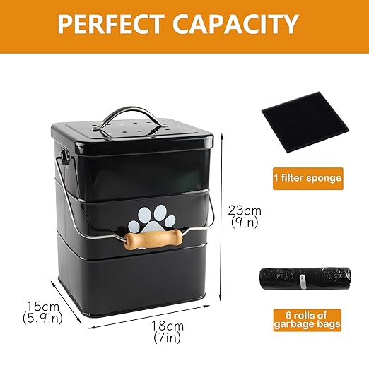 Dog Poop Trash Can Outside,1.58 Gallon Waterproof Metal Waste Bin with Lid,Small Portable Outdoor Bucket for Pet Disposal,Garbage Trashcan with 75 Bags,Suitable for Odor Control in Patio and Backyard