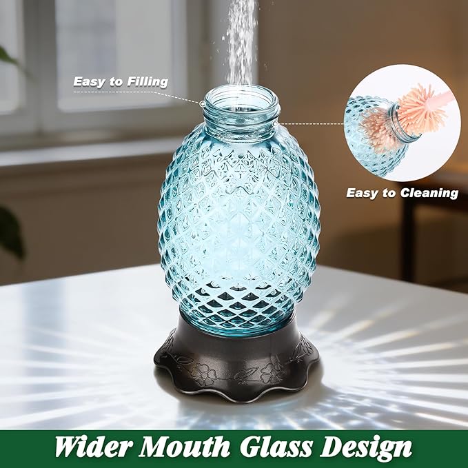 Glass Hummingbird Feeders for Outdoors Hanging Ant and Bee Proof 16OZ 2 Pack Blue Pineapple Humming Bird Feeder with 6 Feeding Ports and Ant Moat Hummingbird Gifts for Women Garden Decor