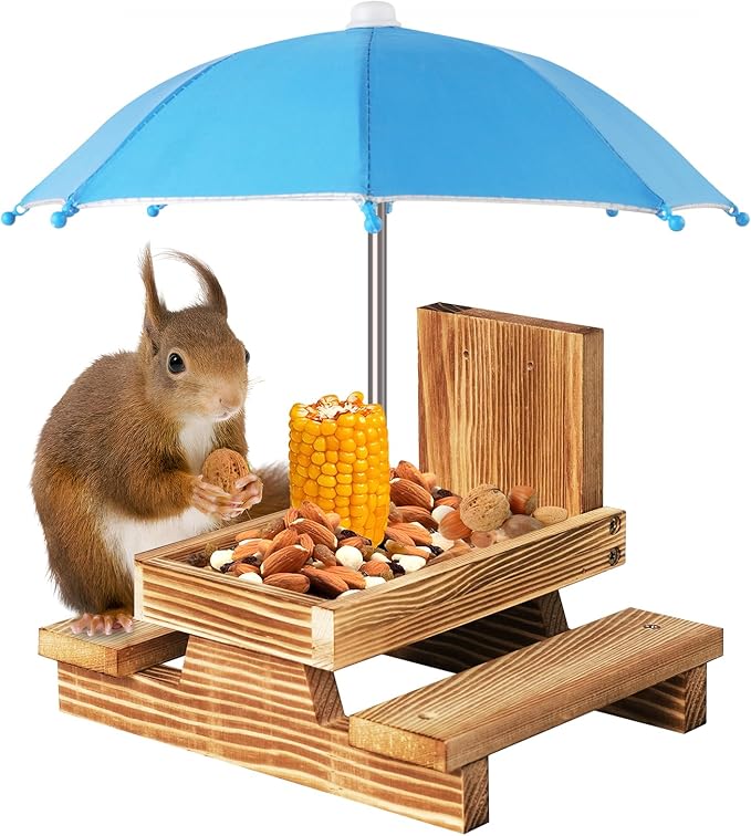 Gnodary Squirrel Feeder with Umbrella, Squirrel Feeders for Outside, Squirrel Picnic Table Feeder - Chipmunk Feeder Hold Corn, Corn Cob, Peanuts Style2 (Light Blue)