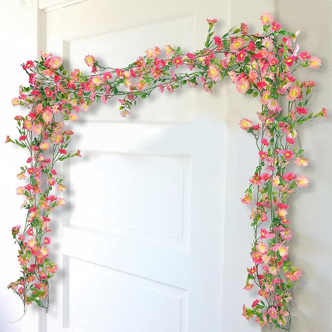 CISDUEO 4 Pcs Artificial Daisy Flowers Vine Silk Flower Garland Spring Fake Flower Vine Hanging Ivy with Pink Daisy Flowers Green Leaves for Wall Party Wedding Arch Floral Decor Home Indoor Outdoor