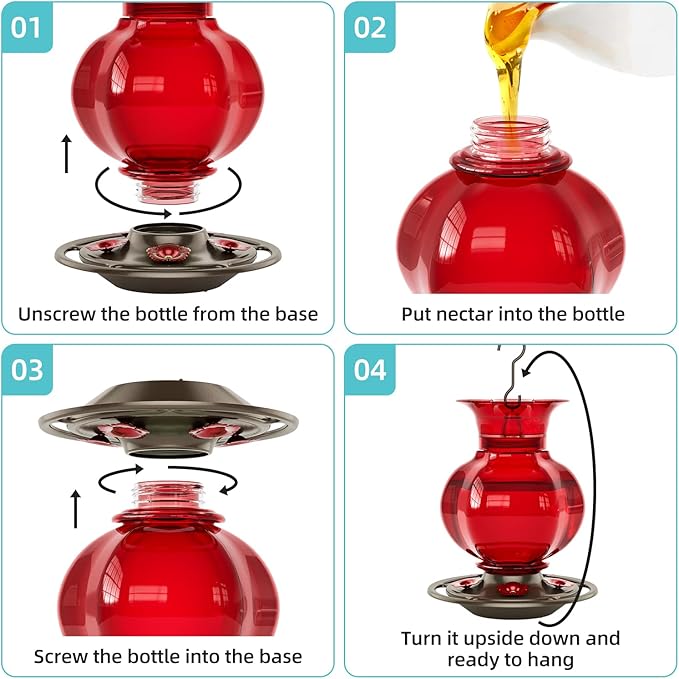 Auslar Hummingbird Feeder, Red Glass Hummingbird Feeders for Outdoors Hanging with Ant Moat, 5 Simulation Flowers Feeding Ports, 23 Ounces, Rustproof, Fade Proof, Pomegranate Shape