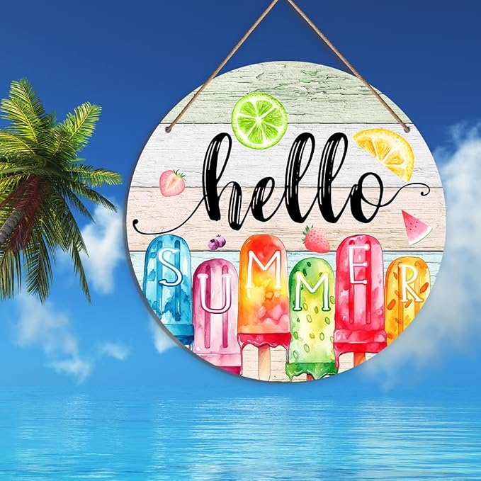 TAGDANK Rustic Wood Hanging Plaque Summer Decor 'Hello Summer' 11.8*11.8*0.2inches