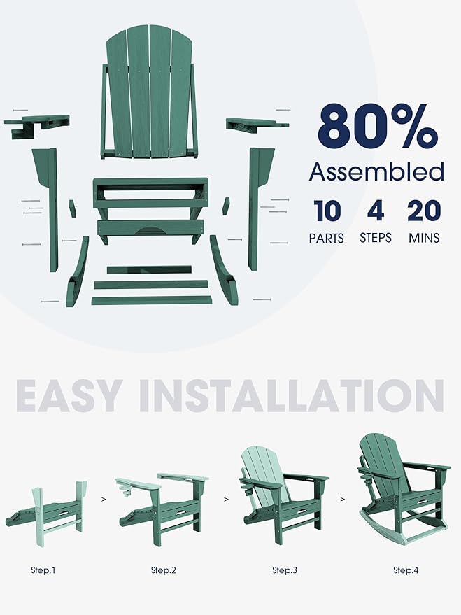 KINGYES Adirondack Rocking Chair with Retractable Ottoman and Cup Holders, HDPE Adirondack Rocker Patio Rocking Chair for Porch, Patio, Balcony, Leaf Green