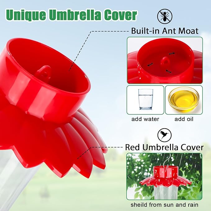 Plastic Hummingbird Feeders for Outdoors Hanging, 2 Pack 10 OZ Clear Humming Bird Feeder with 6 Feeding Ports and Perch, Built-in Ant Moat, Gifts for Women Garden Decor