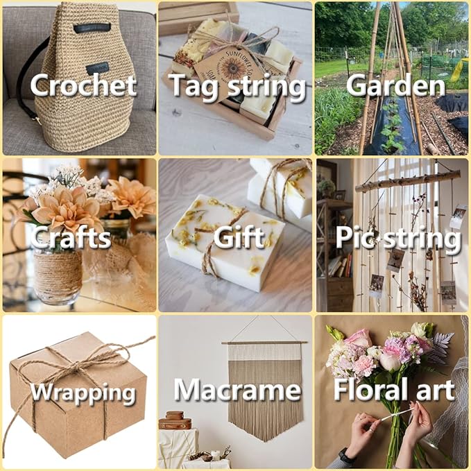 PerkHomy 600 Feet Natural Jute Twine Long Twine String for Crafts Gift Wrapping Packing Gardening Crochet Knitting Macrame Decor (Brown 600feet Flat)