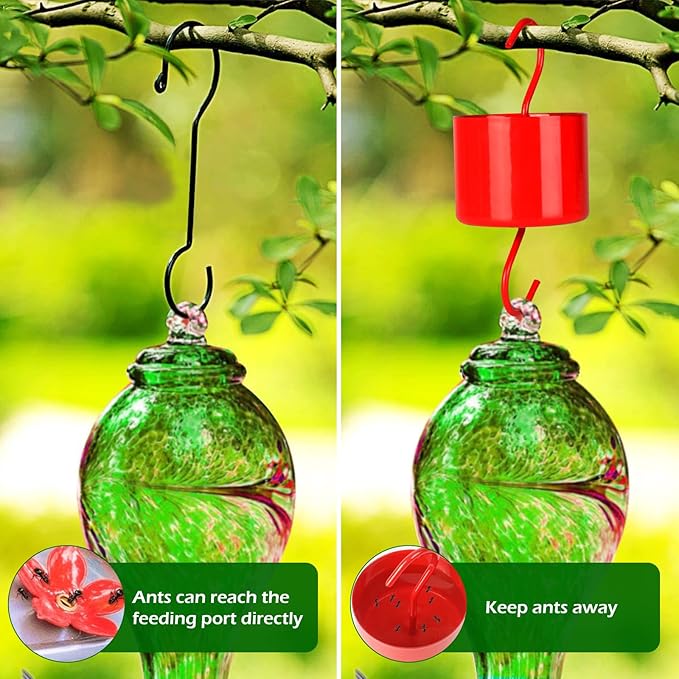 Large Metal Ant Moat for Hummingbird Feeders, Red Hummingbird Feeder Ant Guard, 4 Hooks and 4 Brushes