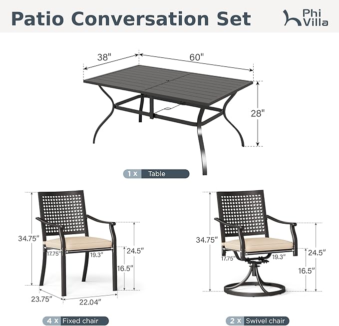 PHI VILLA 7 Pieces Outdoor Dining Set for 6, 60" Rectangle Metal Steel Table with Umbrella Hole & Swivel Fixed Chairs with Cushions, Modern Wrought Iron Furniture for Patio, Deck, Yard, Porch