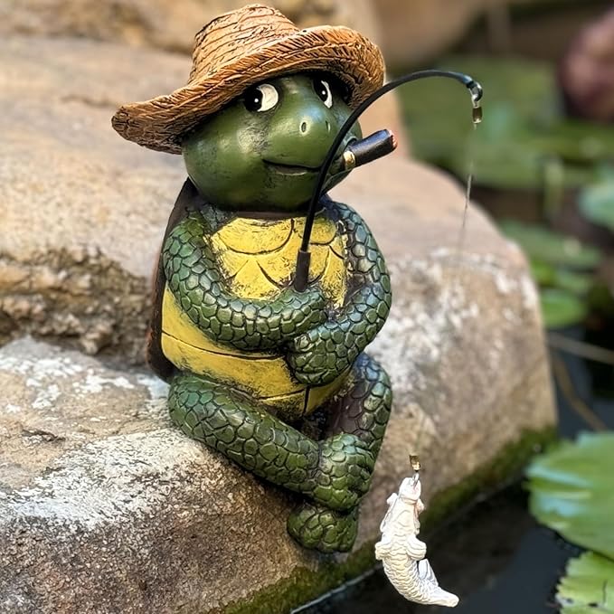 Garden Tortoise Pond Statue Decoration, Fishing Turtle Outdoor Statues for Koi Pond or Waterfall Decor, 9.5" Figurine Poolside Statue, Outdoor Decor, Gifts for Mom