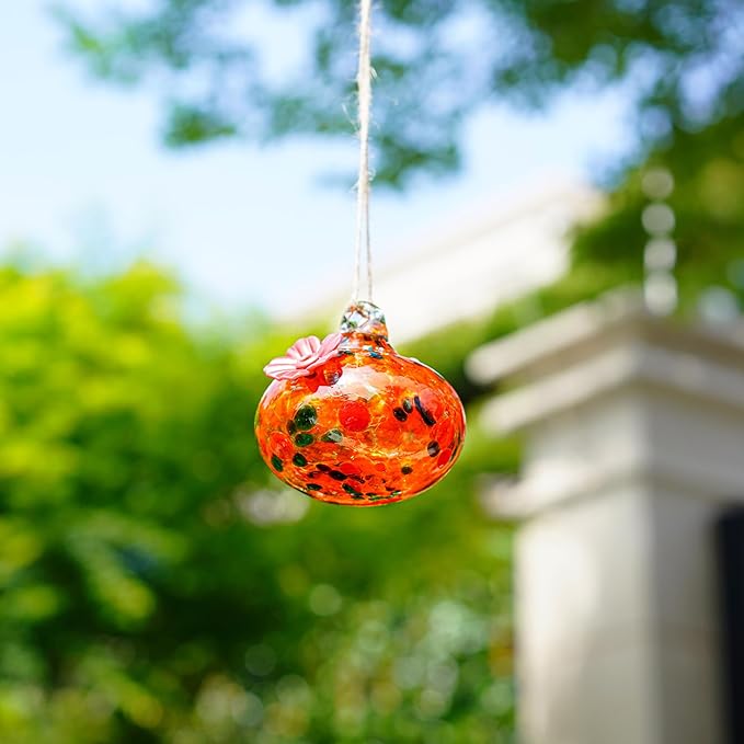 3in Small Colorful Hummingbird Feeder Glass for Outdoors Window Hanging Blown Glass Hummingbirds Feeders for Outside with 2 Feeding Ports Ant and Bee Resistant Humming Birds Feeder Gifts for Women