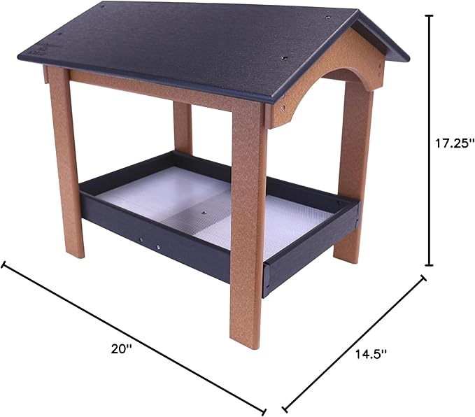 AmishToyBox.com Ground Bird Feeder, Deluxe Fly-Through Covered Feeder for Birds and Squirrels with Screen Mesh Tray (Black/Cedar)