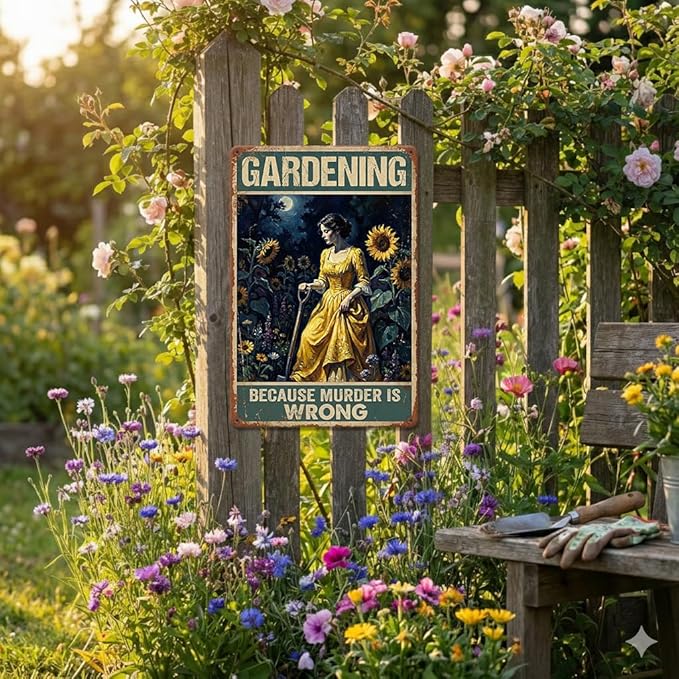 Funny Gardening Tin Sign - "Gardening Because Murder Is Wrong" Vintage Aluminum Wall Art - 8x12 Inch Garden Decor - Metal Sign Humorous Gift for Shed, Women, Mom, Gardeners, Housewarming