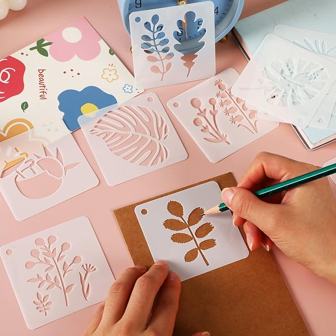 Augshy 56 Pack Flower Stencils for Wood, Butterfly & Bird Stencils for Wall & Floor Decor DIY Rock Dot Painting Art Projects (3inch)