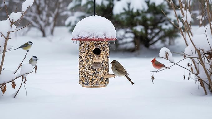 Outdoor Wren Bird House with River Pebble Composite Roof – Decorative Wooden Nesting Box for Wrens, Finches & Small Songbirds – Weather-Resistant Hanging Backyard Habitat,10 Year Lasting (Red)