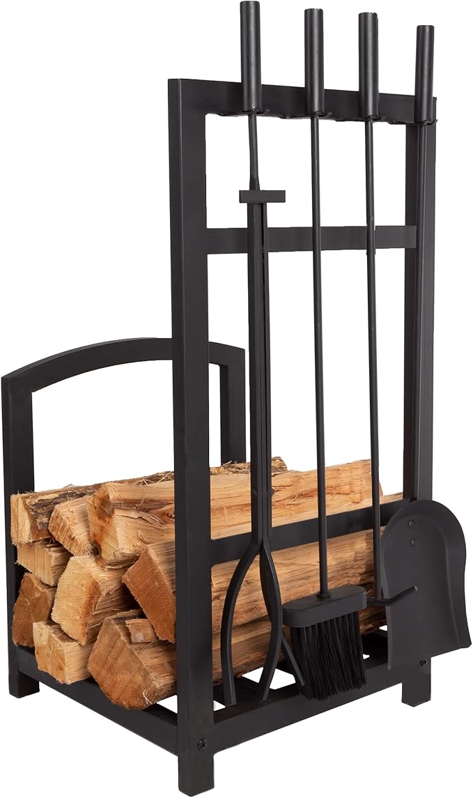 5-Piece Fireplace Tool Set and Log Rack - Mission-Style Firewood Holder with Shovel, Broom, Tongs, and Poker for Hearth by Lavish Home (Matte Black)