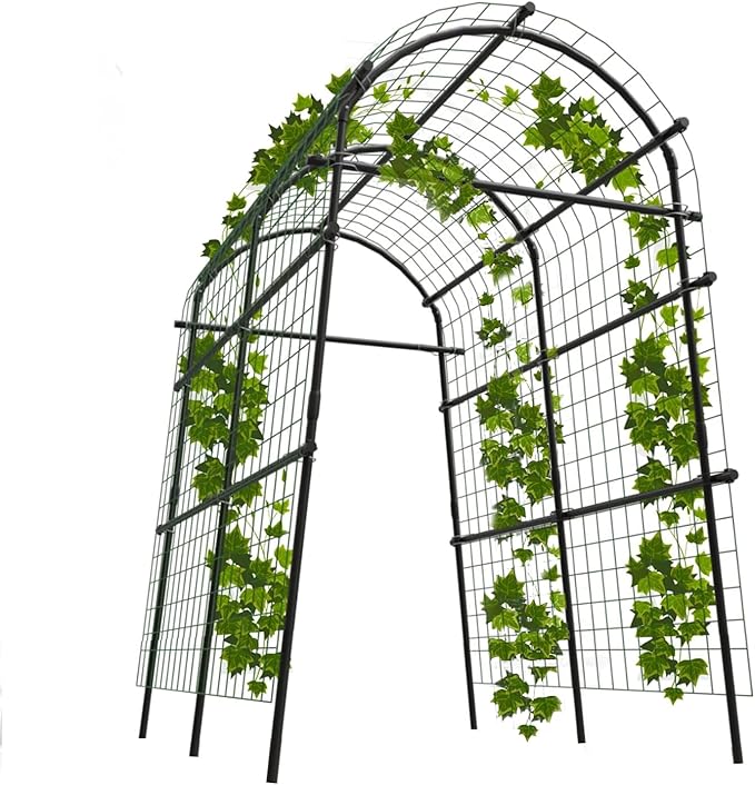 Adjustable Garden Arch Trellis, 7.5FT Metal Arbor with Climbing Net, 35"–45" Wide Weather-Resistant Pergola for Vines, Roses, Vegetables & Flowers, Sturdy Steel Frame, Easy No-Tool Assembly