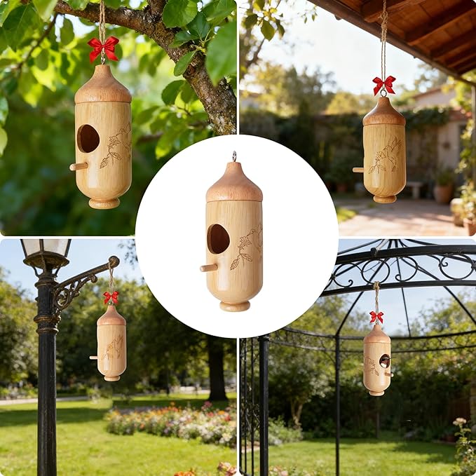 Hummingbird House, Wooden Hummingbird Houses for Outside Hanging, Nest Swinging, Wooden Bird Houses with Cotton, Bow, String, Gardening Gifts Decoration (1 Pack)