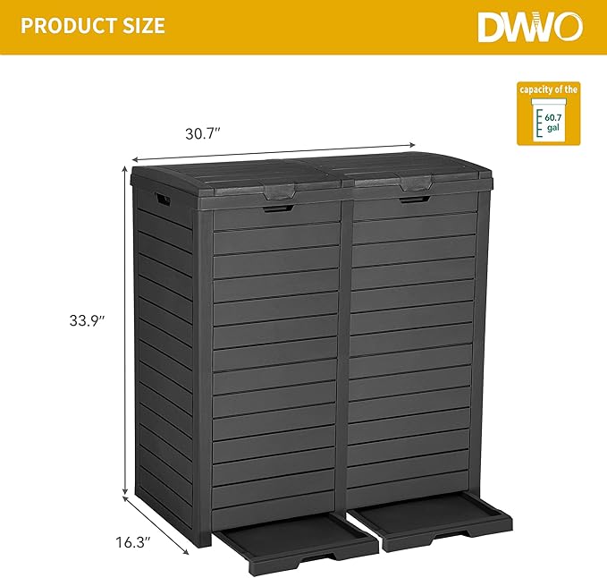 DWVO Outdoor Large Resin Trash Can, 76 Gallon Classified Hideaway Garbage Bins with Dual Lid and Drip Trays for Porch, Backyard, Deck, Patio, Poolside, Easy to Clean, 248 Quart, Black