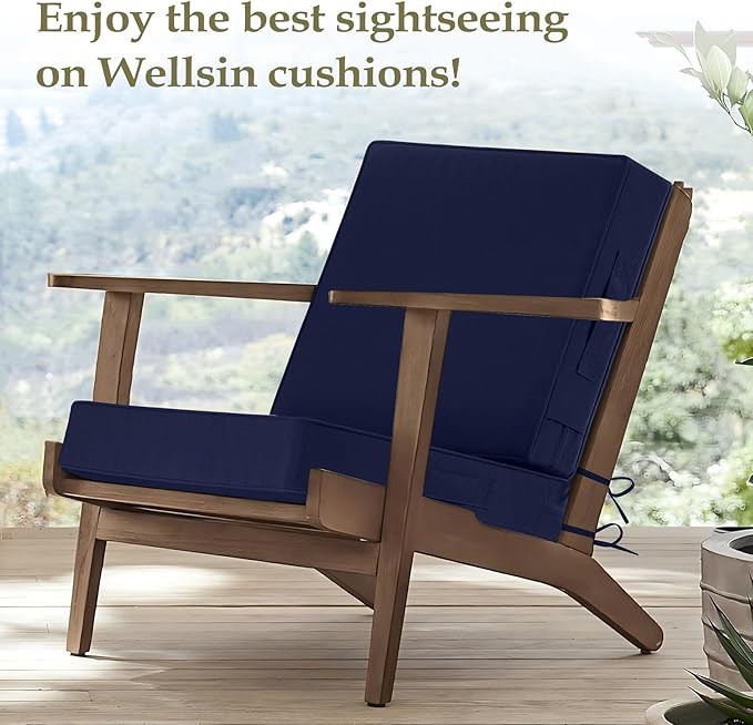Wellsin Outdoor Cushions for Patio Furniture, Waterproof Outdoor Seat Cushions with Ties and Handle, 22X22 Outdoor Cushions, Outdoor Deep Seat Cushions with Removable Cover, Navy