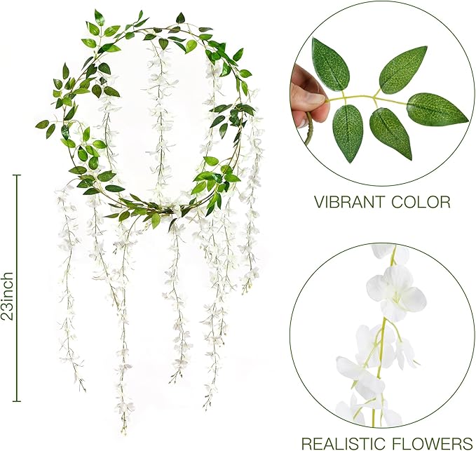 Sggvecsy 6Pcs Wisteria Garland Artificial Flowers Garland Fake Hanging Wisteria Vines Rattan Silk Hanging Flower Vines for Home Garden Outdoor Wedding Arch Party Ceremony Total 35.4Ft (White)