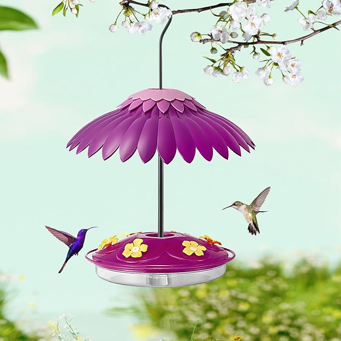 Hummingbird Bird Feeders for Outdoors Hanging, Bird Feeder Cover Built-in Moat Weather Protective Rain Guard 16Oz Hummingbird Nectar Feeder with 6 Ports and 14 Inche Dome Baffle Kit(Purple)