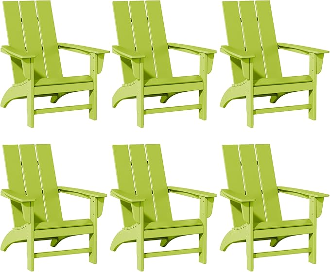 Poly Lumber Adirondack Chairs Set of 6, All-Weather Resistant Outdoor Patio Chairs, Look Like Wood, Pre-Assembled Outdoor Fire Pit Chair for Pool, Deck, Backyard, Garden, Lime