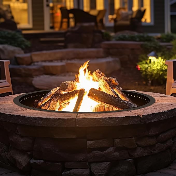 OUSHENG Smokeless Fire Pit Ring Outdoor, 33 Inch Outer 30 Inch Inner Round Wood Burning Firepit Accessories, DIY Metal Steel Liner Insert for Bonfire Outside Camping Above or In Ground
