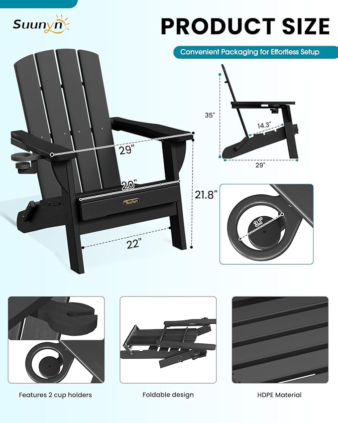 Folding Adirondack Chair 6 Pack, HDPE All-Weather Fire Pit Chairs, Plastic Adirondack Chairs with 2 Cup Holder, Outdoor Lawn Chair for Patio Garden (Black)