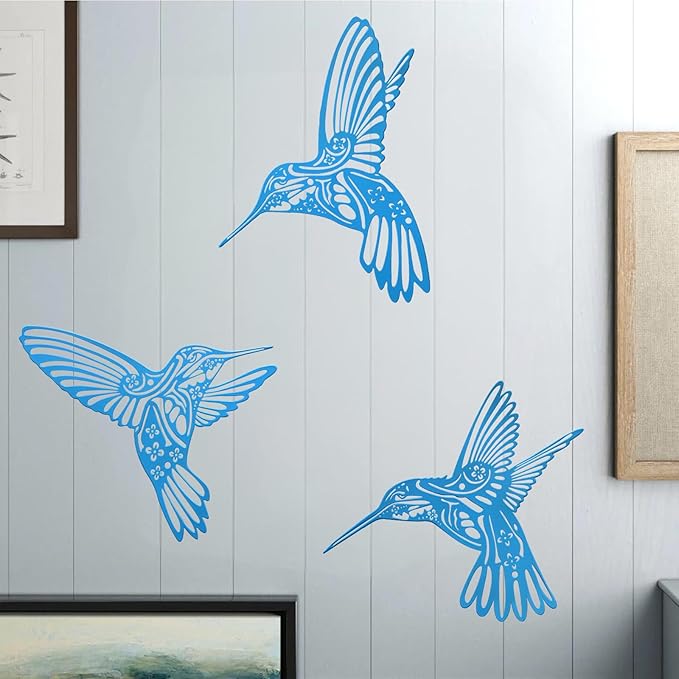 QZGXDECO Metal Hummingbird Outdoor Wall Art Decor-Blue Birds Wall Decorations Hanging Ornaments-Fence Decorations Outdoor Wall Sculpture for Kitchen Patio Bedroom Living Room Bathroom Balcony