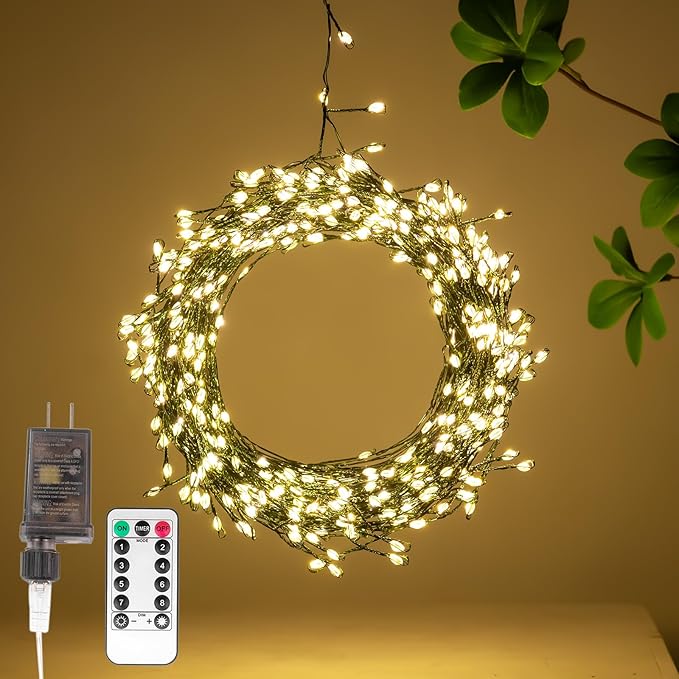 Firecracker Fairy Lights,33FT 300Leds Waterproof Twinkle Lights Plug in,8 Modes Remote String Light for Indoor Outdoor Christmas Wedding Birthday Patio Garden Decor,Green Wire,Warm White