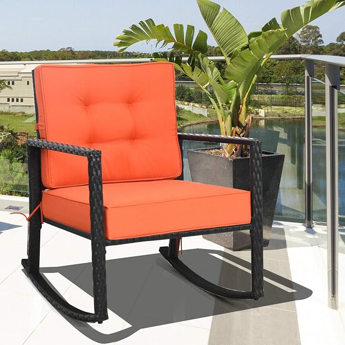 Tangkula Wicker Rocking Chair, Outdoor Glider Rattan Rocker Chair with Heavy-Duty Steel Frame, Patio Wicker Furniture Seat with 5” Thick Cushion for Garden, Porch, Backyard, Poolside (2, Orange)