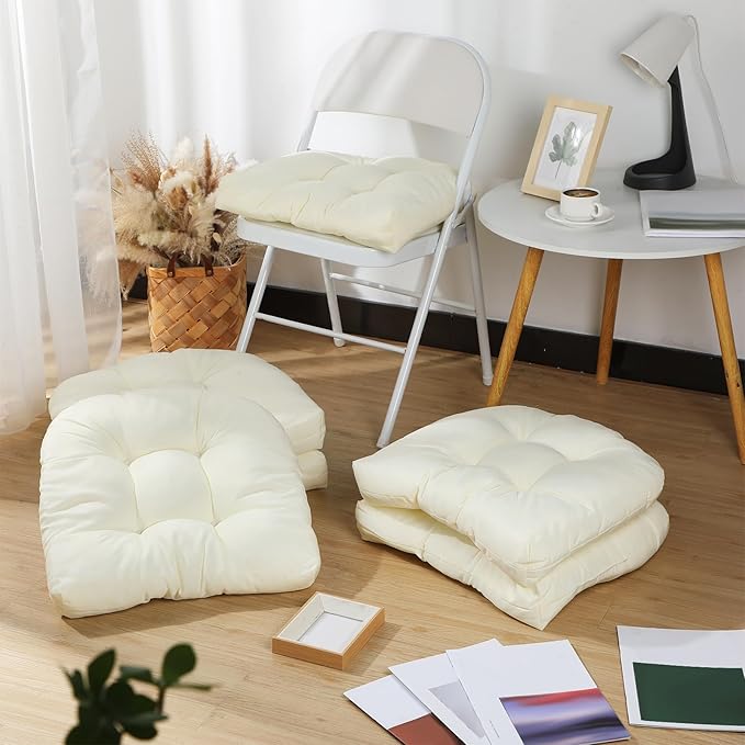Thyle Outdoor Chair Cushions Set of 6 Waterproof Sun Protection Square Tufted Overstuffed Patio Furniture Seat Cushion for Patio Furniture Dining Indoor 19" x 19"(Beige)