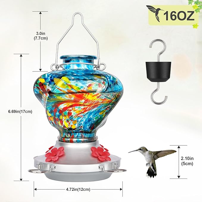 Hummingbird Feeder for Outdoors with Ant Moat, Blue Hummingbird Feeder, Hand Blown Twisted Glass, 4 Bee Guard Feeding Ports with Perch, Outdoor Décor, 16OZ, Gifts for Mom Wife Dad Men Women