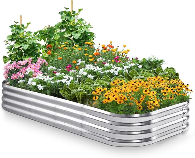 Quictent Galvanized Raised Garden Bed Kit, 8x4x1 ft Oval Metal Planter Box for Vegetables, Rubber Strip Edging Included (Beige) 2pcs