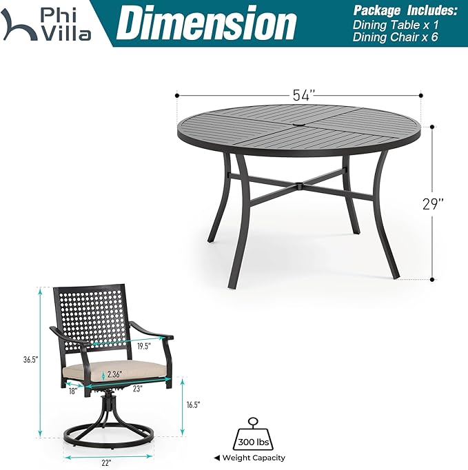 PHI VILLA 7 Pieces Outdoor Round Dining Set for 6, Large Wrought Iron Table with Umbrella Hole & Swivel Metal Chairs with Cushions, Modern Furniture Set for Patio, Deck, Yard, Porch